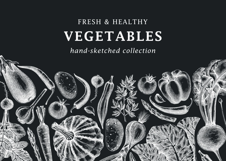 Hand-sketched vegetables design on chalkboard. Hand-drawn tomatoes, squashes, peppers, potatoes, asparagus drawings and other vegetables. Healthy food banner for menu, restaurant, packaging, labels. 